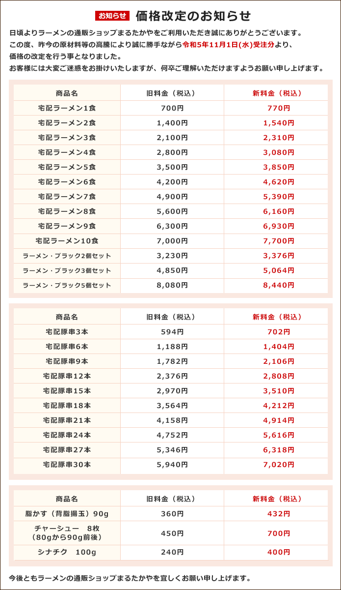 価格改定のお知らせ